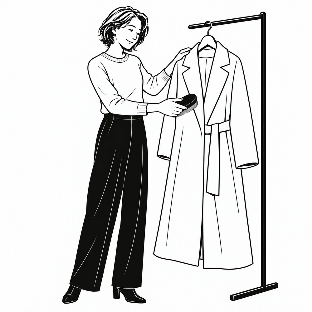 カシミヤコートに洋服ブラシをかける様子