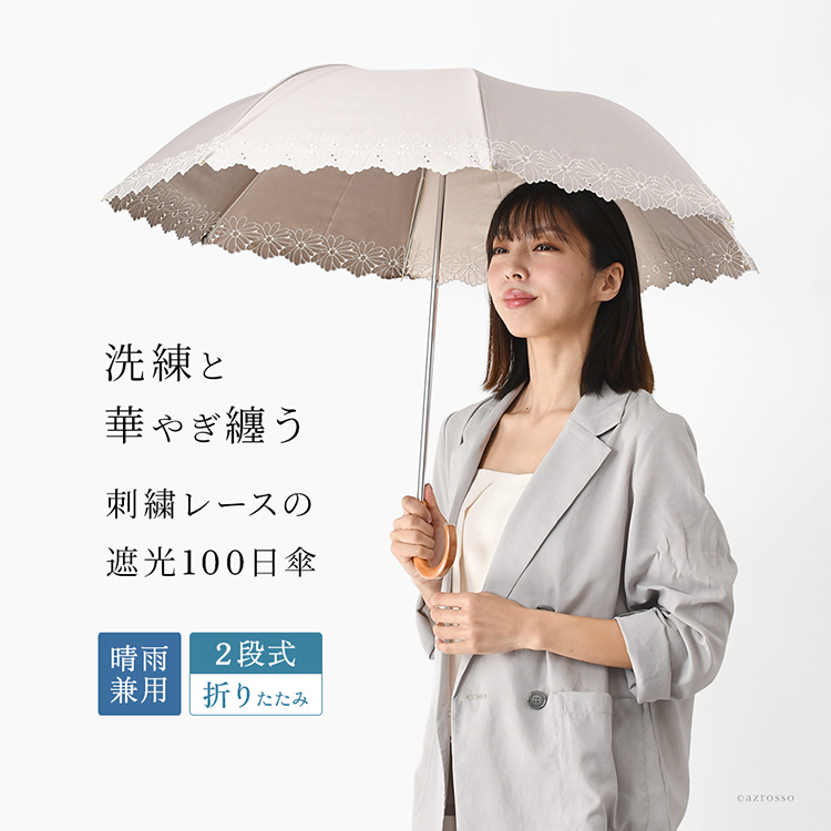 花柄レースが上品な晴雨兼用日傘を差した30代女性。100%完全遮光、UPF50。折り畳み簡単、持ち運び便利でかわいい2段式折りたたみ傘