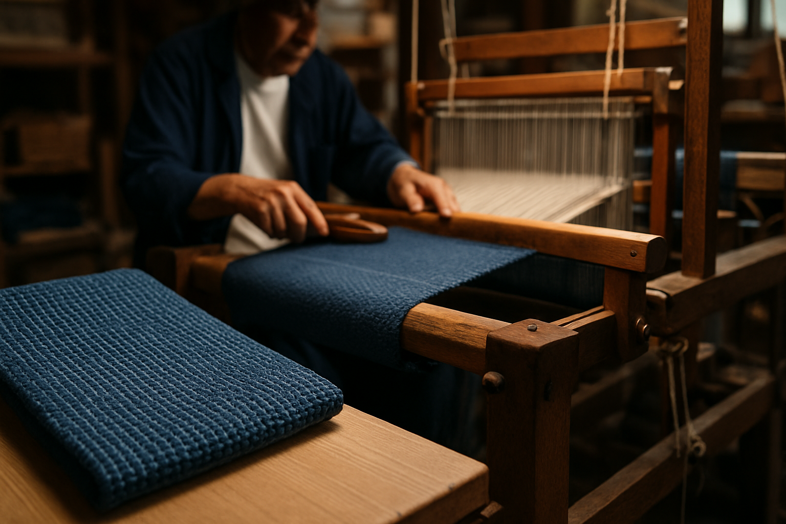 織物をしている職人男性