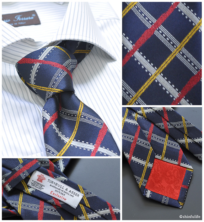 Turnbull&Asser ネクタイ スクエア チェック ターンブル アッサー イギリス製 シルク 100% 幅 8cm ターンブル&アッサー ブランド ビジネス 結婚式 おしゃれ ネイビー 紺 ジェームズ ボンド James Bond 通販　スクエアチェック