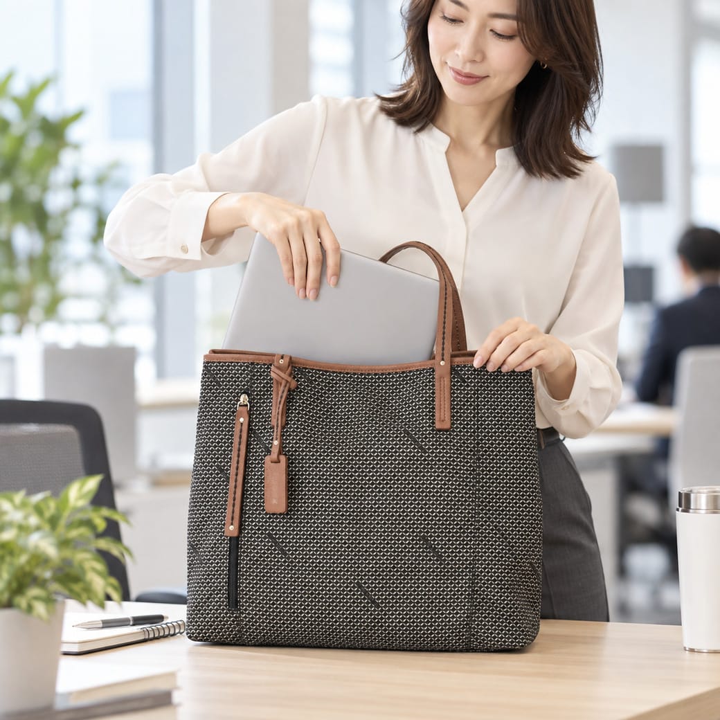 軽量バッグにPCや書類を入れて通勤する女性
