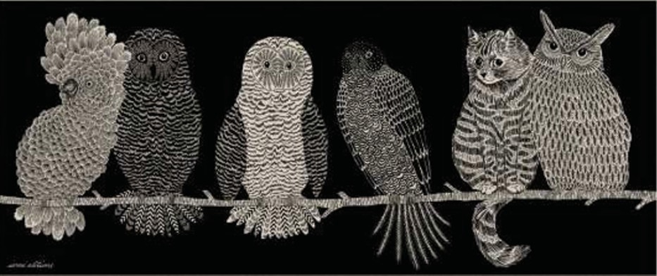 フクロウやオウムの中に紛れ込んだ一匹のネコが愛らしい、フランスブランド INOUI EDITIONS(イヌイエディションズ)の大判ストール。薄手で軽いのに暖かいウール100%。使い勝手の良い190cm×80cmの大きめサイズ。ウール ストール 大判 おしゃれ 柄 猫 フクロウ オウム 薄手 暖かい レディース 黒 190×80 INOUI EDITIONS イヌイエディションズ ブランド