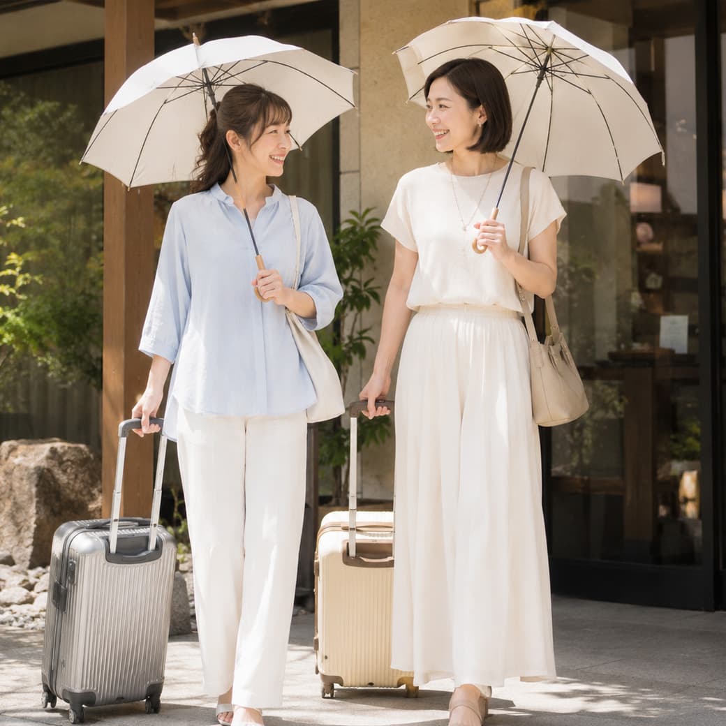 女友達との旅行で晴雨兼用傘を持つ女性のイメージ