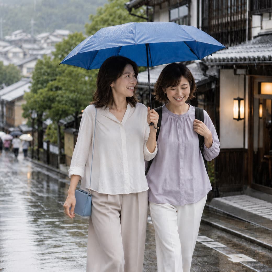 女友達との旅行中に撥水バッグを使う女性のイメージ