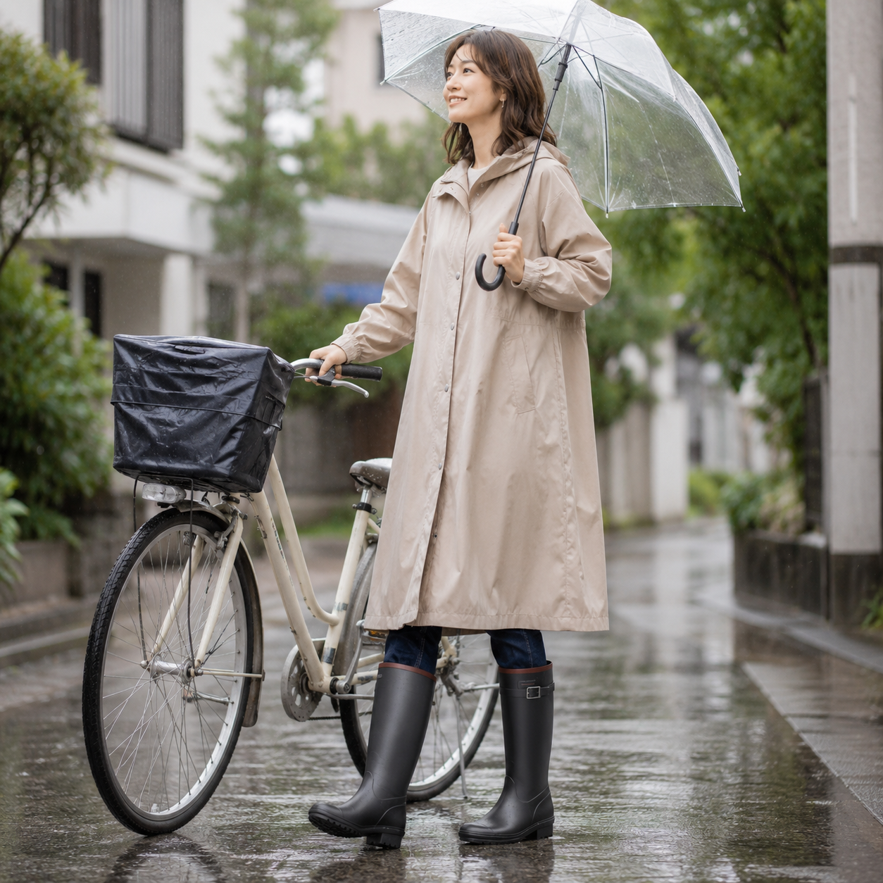 雨の日の自転車通勤に使いやすいレディース撥水レインコートとロングレインブーツ